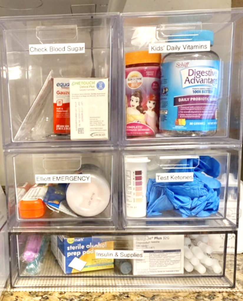 diabetes supplies in clear plastic boxes