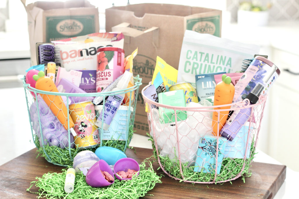 healthy easter baskets with sprouts farmers market paper bag