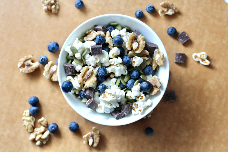 homemade trail mix with blueberries and walnuts
