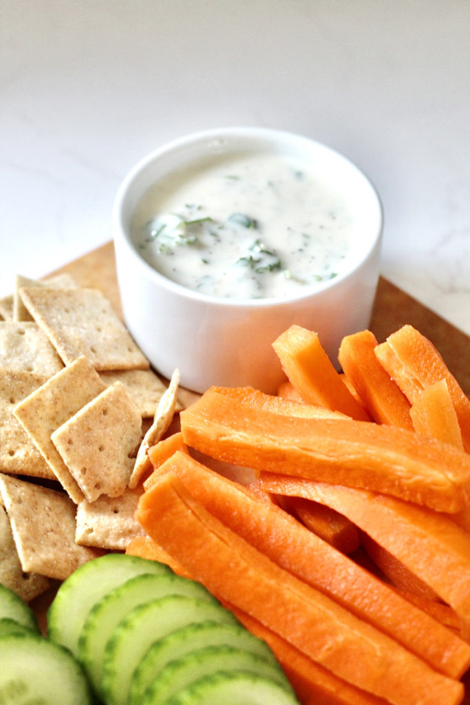garli aioli with carrot sticks and cucumber slices