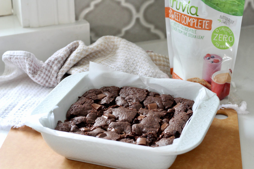 gluten free brownies in white square pan with truvia sweet complete