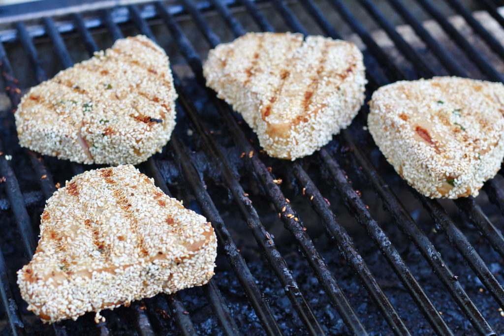 sesame crusted grilled ahi tuna on grill