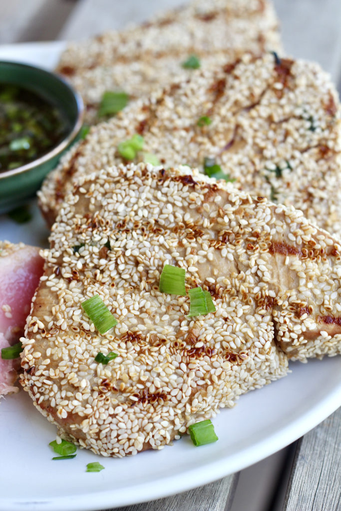 grill marks on seasame crusted tuna steaks