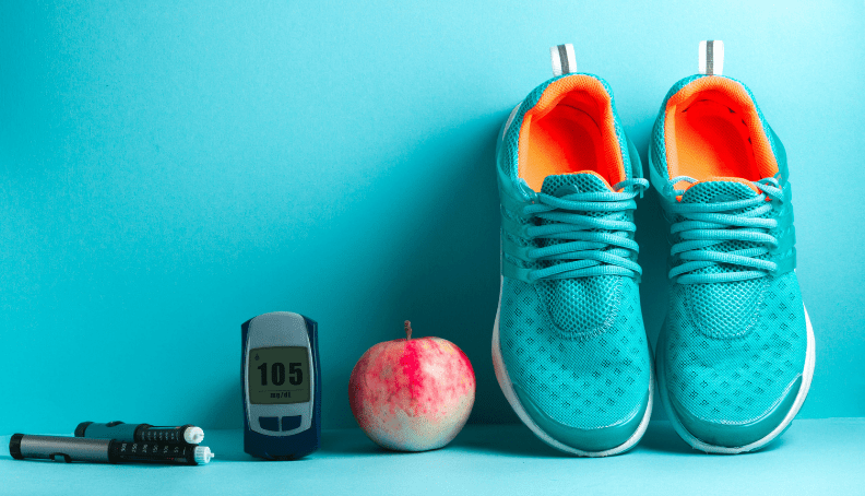 blood sugar meter apple and shoes for exercise and diabetes