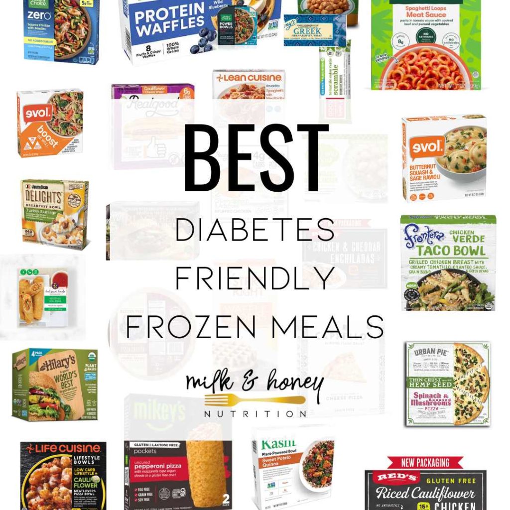 diabetes-friendly frozen meals graphic cover square | Milk & Honey Nutrition frozen meals for diabetics