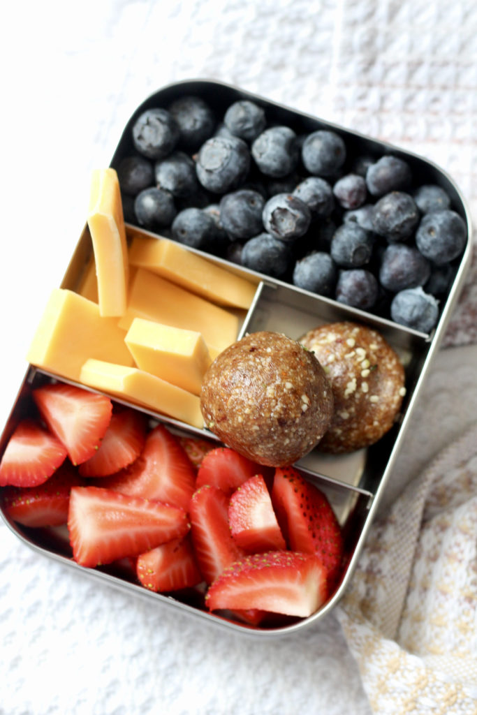 school lunch in stainless steel container with pb&j bites