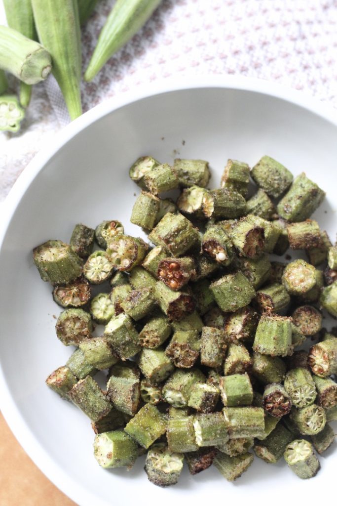 air fryer okra in white bowl