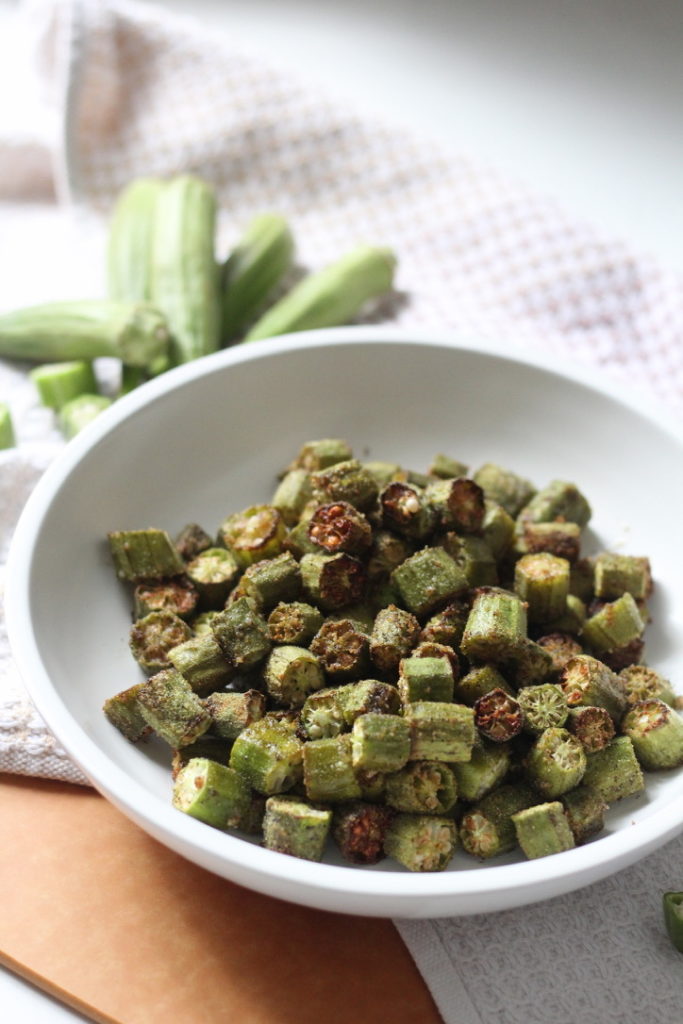 air fryer okra in white lecreuset bowl