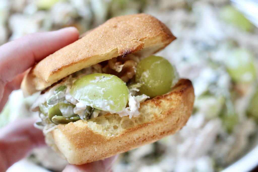 chicken salad sandwich with grapes and walnuts