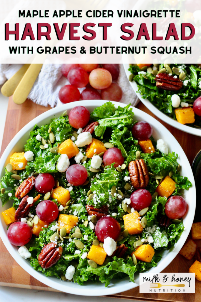 pinterest pin for Fall Harvest Salad with butternut squash grapes pecans and goat cheese