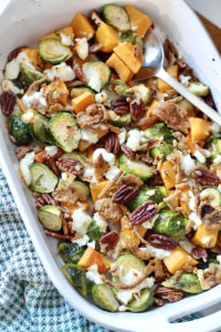 roasted brussel sprouts and butternut squash with pecans goat cheese and gluten free french fried onions