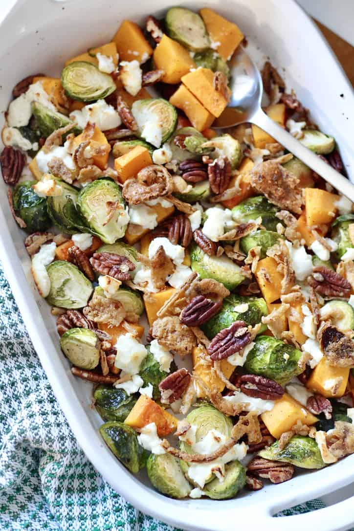 roasted brussel sprouts and butternut squash with pecans goat cheese and gluten free french fried onions