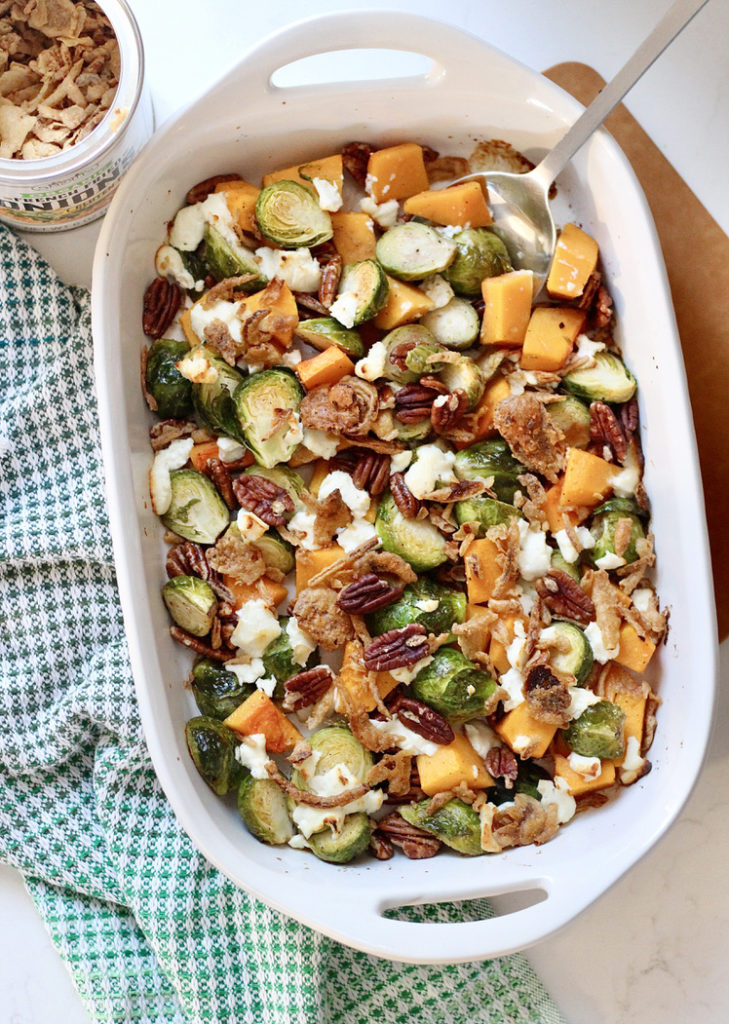 roasted brussel sprouts with butternut squash and pecans gluten free french fried onions