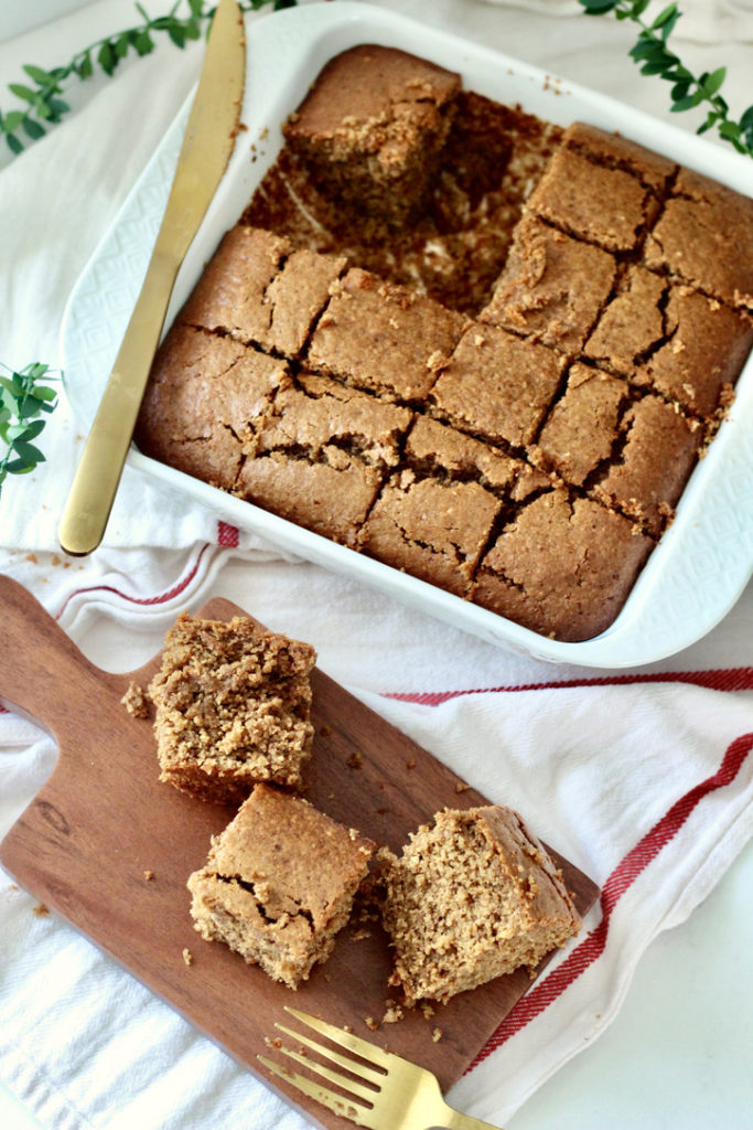 gingerbread loaf cake in square white pan