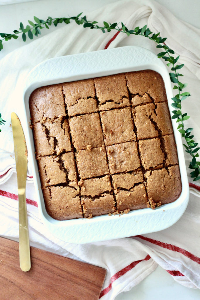 gingerbread loaf cake in square pan cut into squares