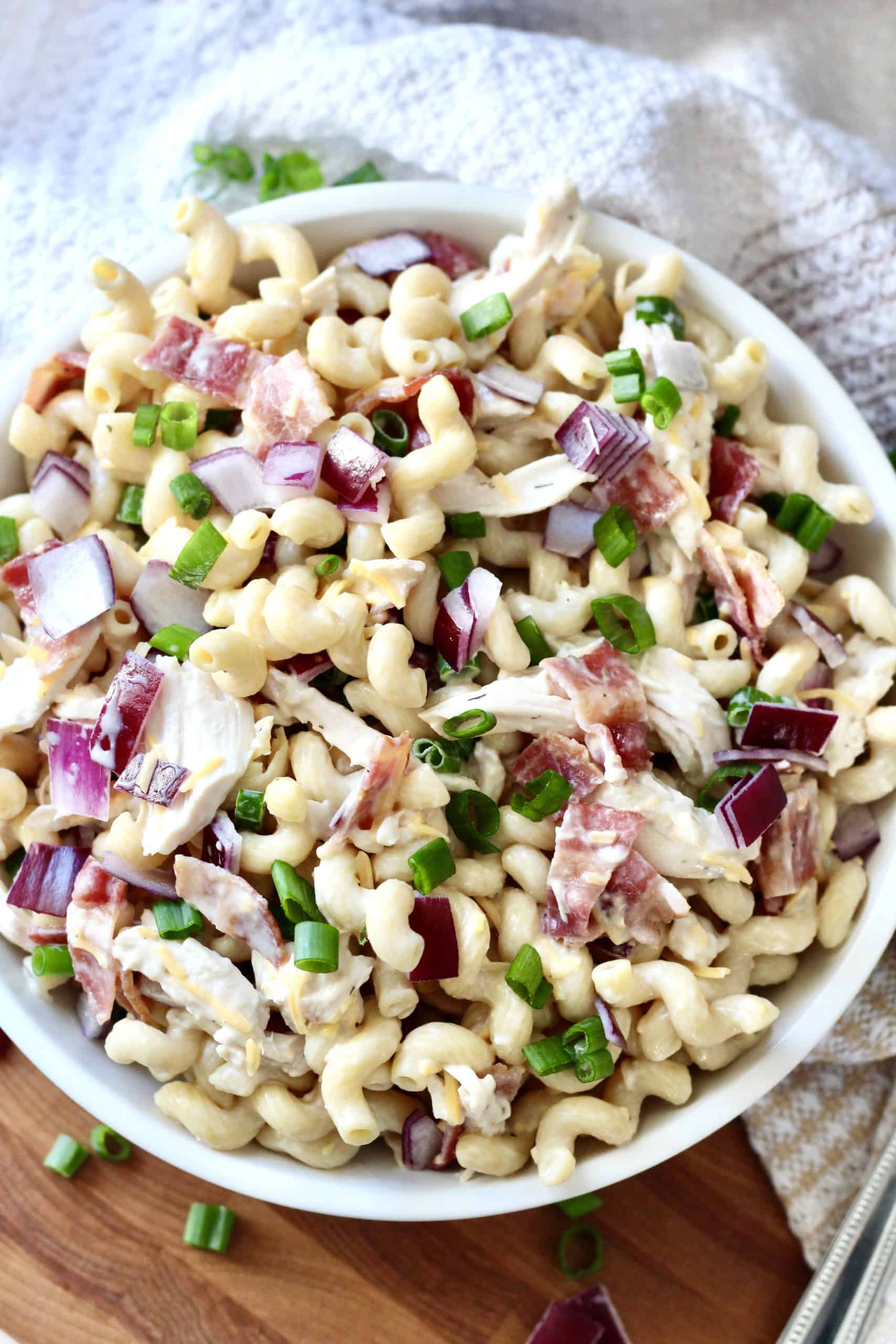 chicken bacon ranch pasta salad in white bowl