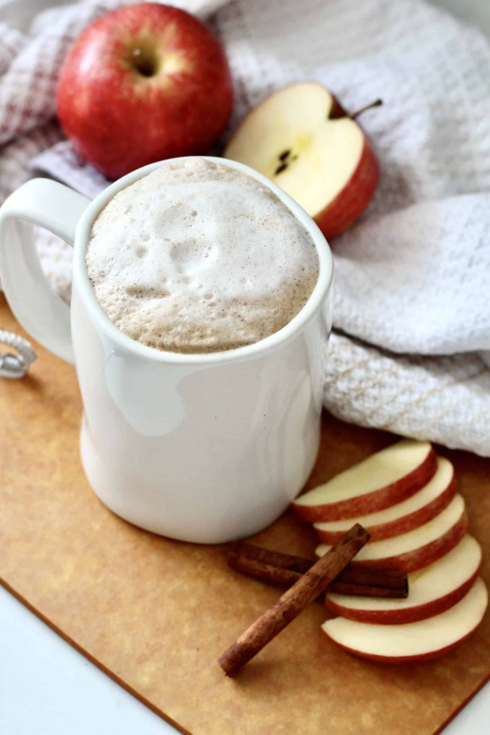 apple crisp macchiato low sugar in white mug