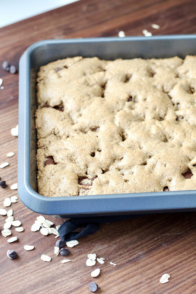 chocolate chip almond butter bars in square pan