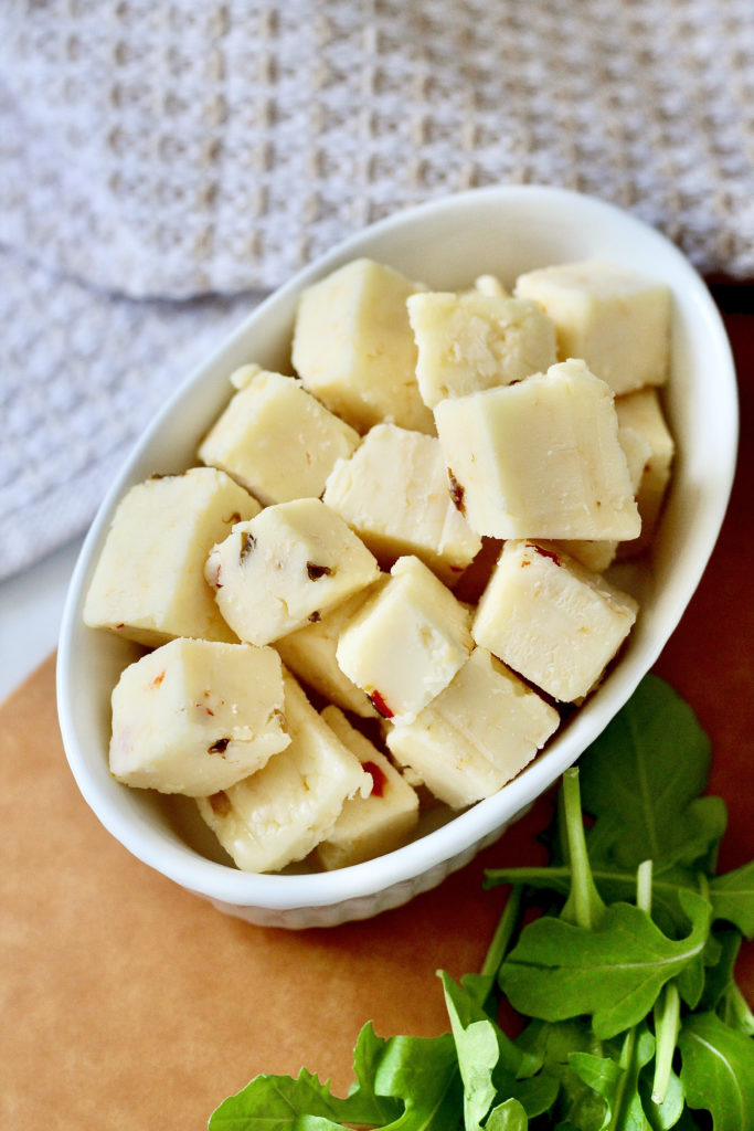 pepeprjack cheese cubes in white dish