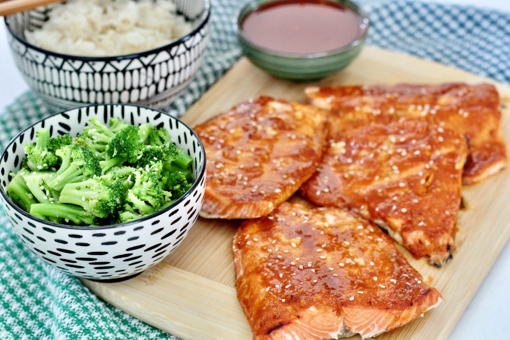 gochujang salmon with broccoli rice and gochujang sauce