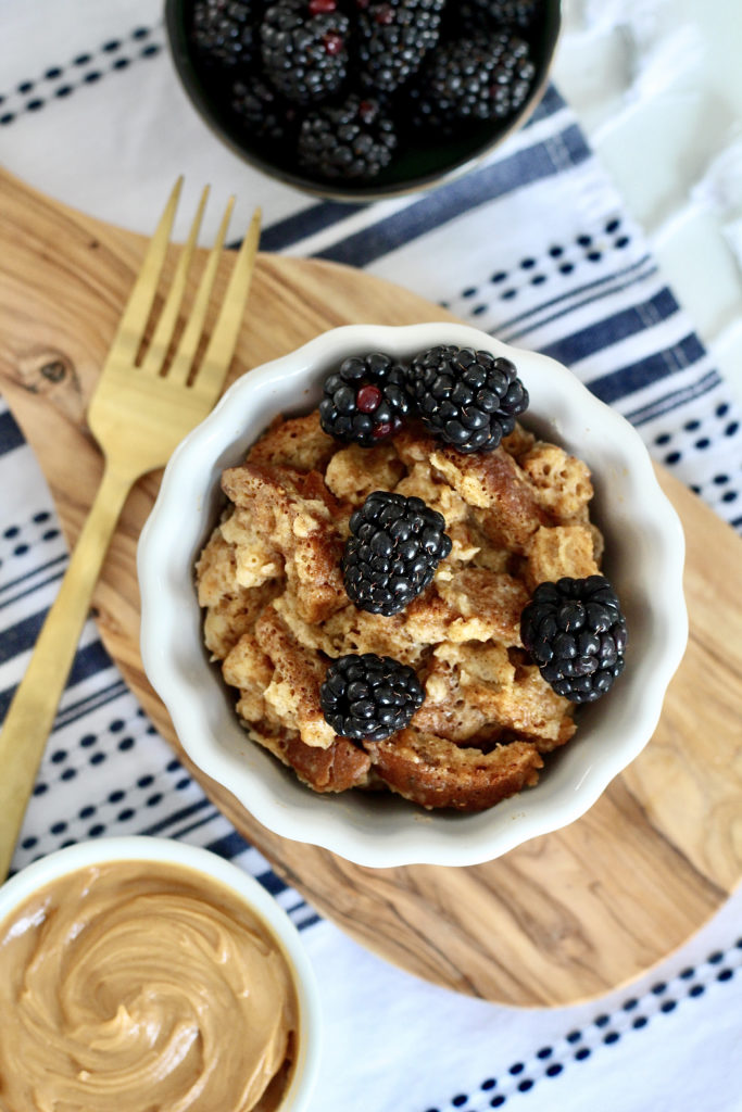 microwave french toast in mug with blackberries and peanut butter