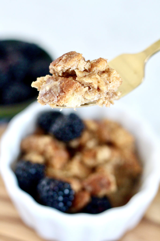 bite of microwave french toast on gold fork