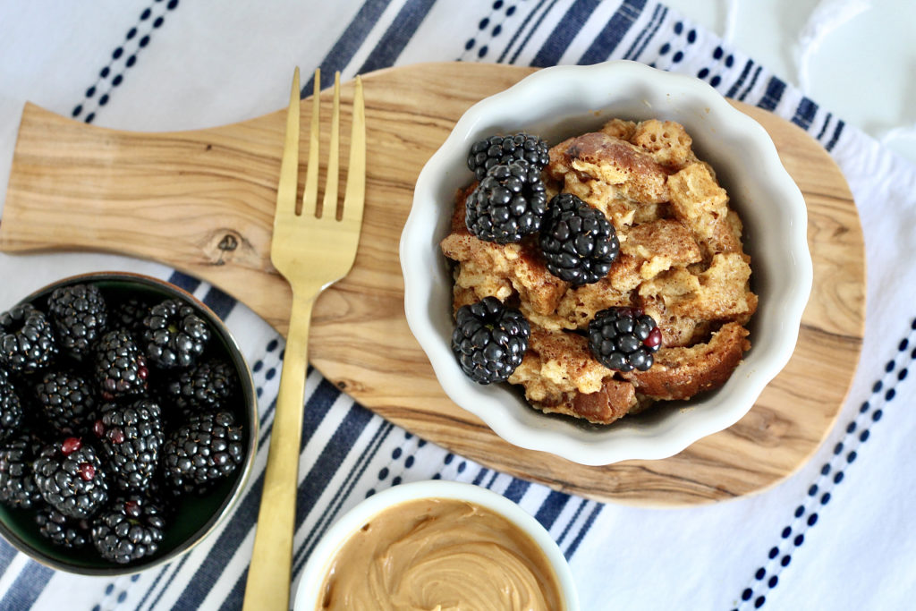 french toast in a mug with blackberries