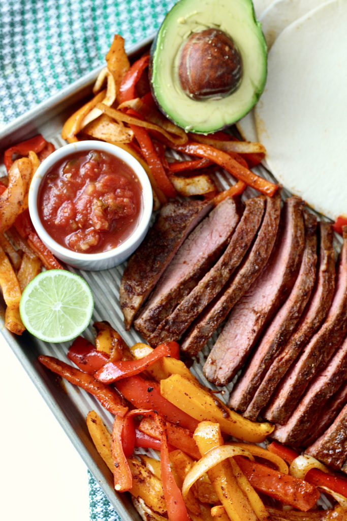 sheet pan steak fajitas with lime avocado tortillas