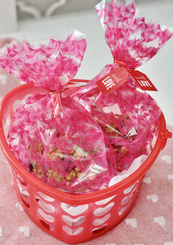 white chocolate cranberry oatmeal cookies in valentines bag