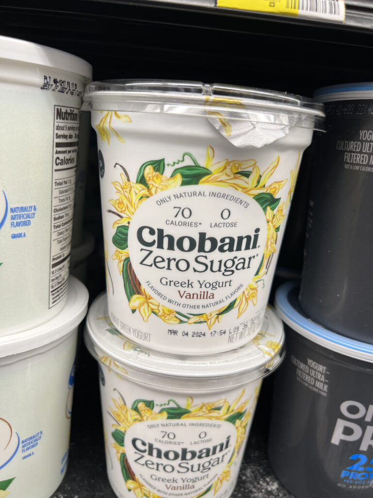 Chobani zero sugar vanilla greek yogurt in the big tub