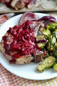 sheet pan cranberry porkchops with roasted veggies