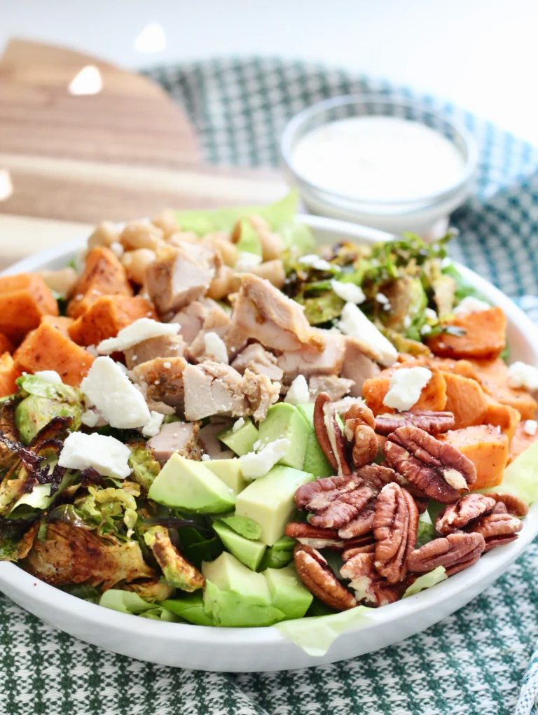 high protein chopped salad 3 | Milk & Honey Nutrition high protein chopped salad with sweet potatoes and brussel sprouts