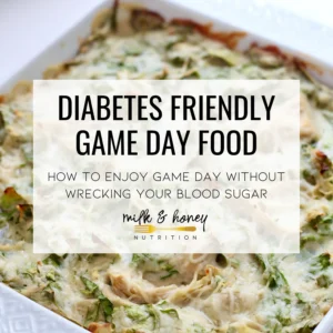 Close-up of a cheesy casserole with herbs, used as a blog cover about diabetes-friendly game day food